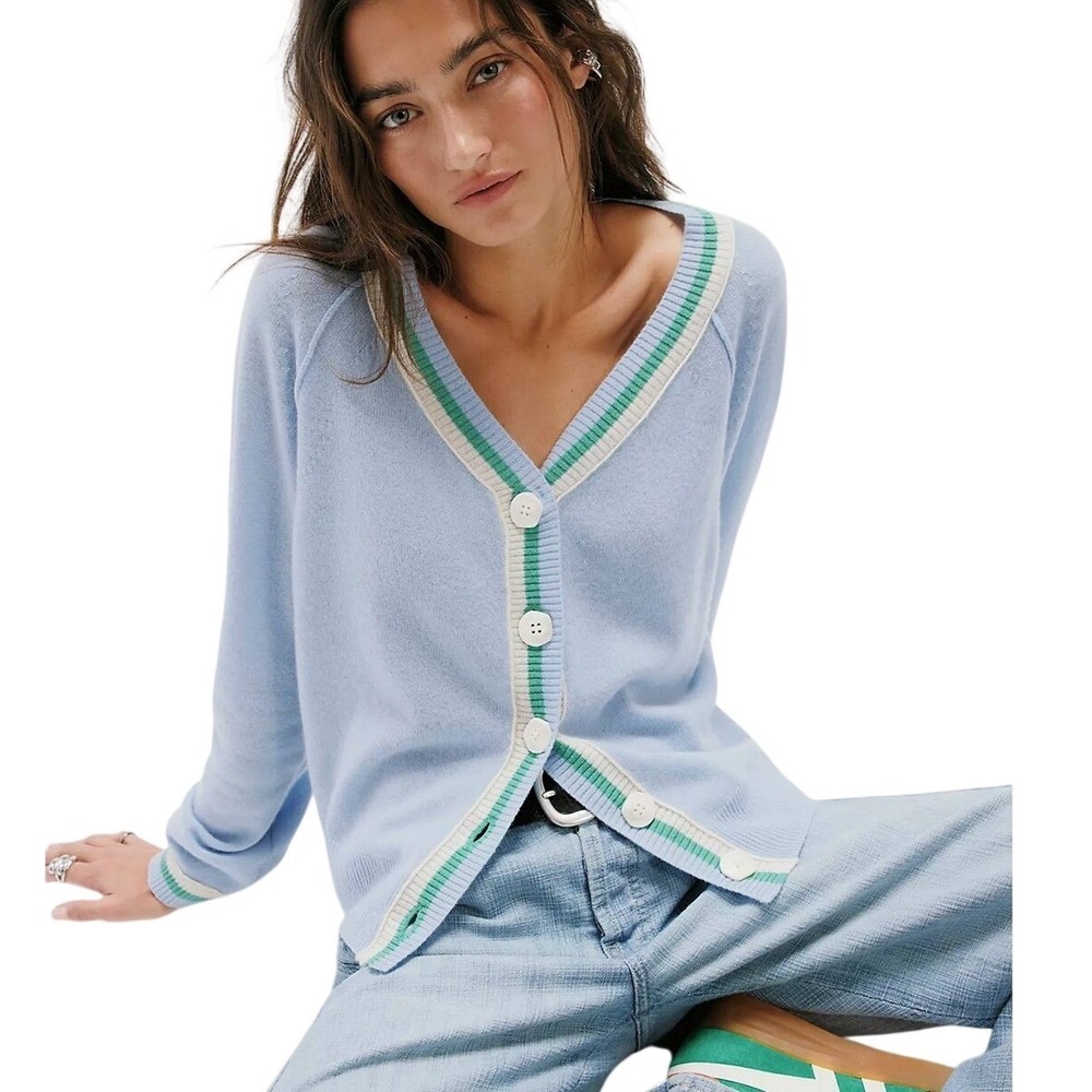 Free People Paige Cashmere Cardi Arctic Combo Blue V-Neck Sweater Size S NWT